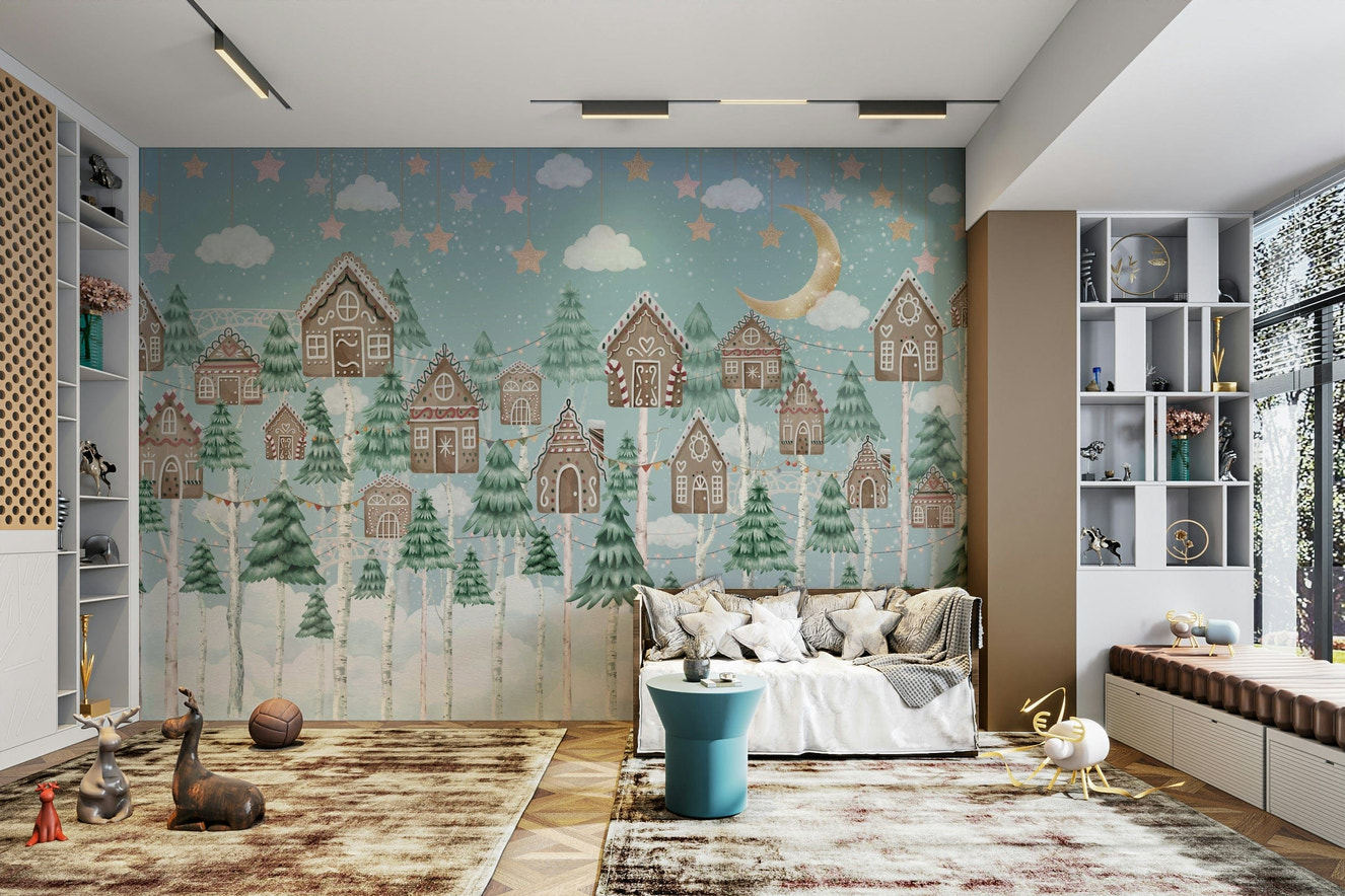 A peaceful wall mural with a whimsical gingerbread forest scene.

