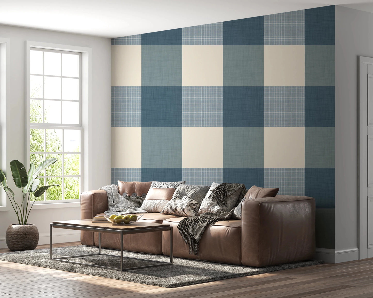 Gingham Dusty Blue Linen Texture Country Wallpaper⁠