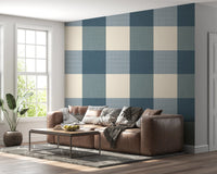 Gingham Dusty Blue Linen Texture Country Wallpaper⁠