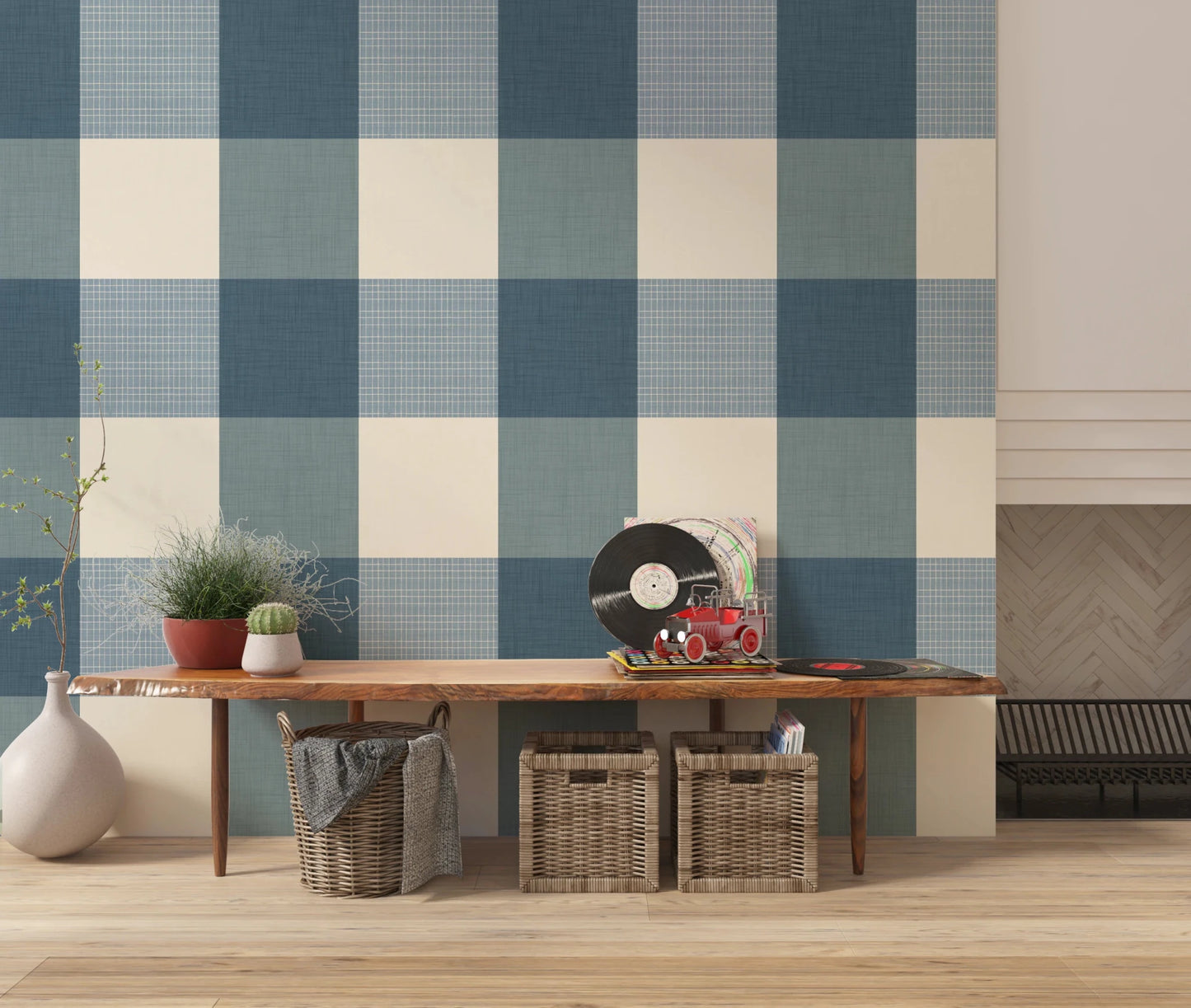 Gingham Dusty Blue Linen Texture Country Wallpaper⁠