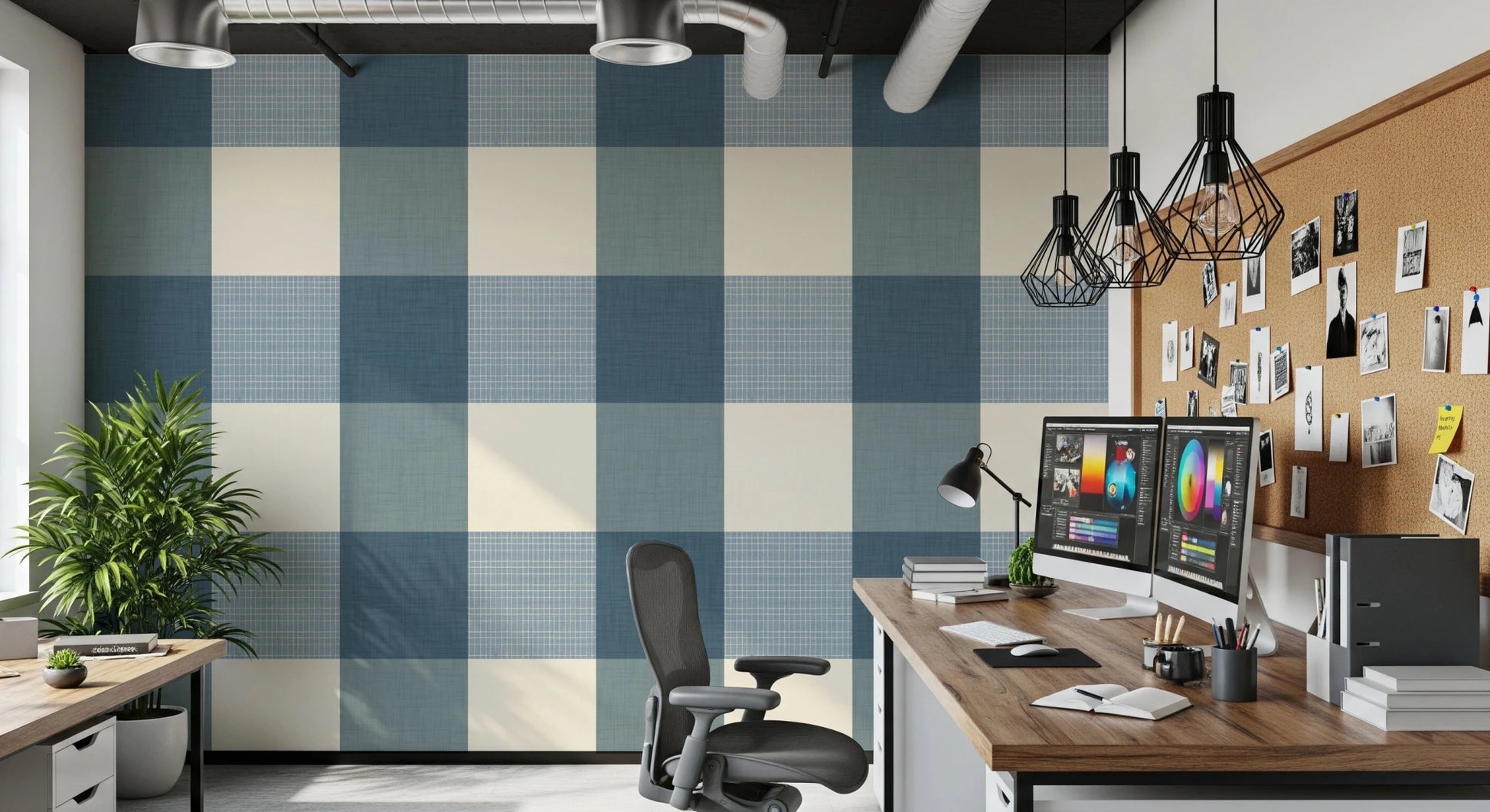 Gingham Dusty Blue Linen Texture Country Wallpaper⁠