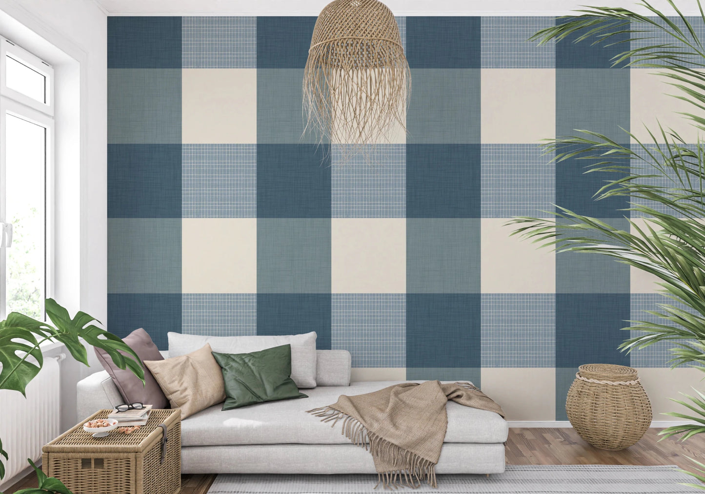 Gingham Dusty Blue Linen Texture Country Wallpaper⁠