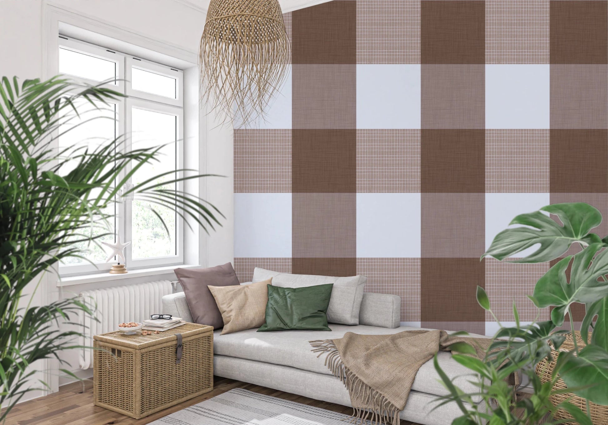 Gingham Mocha Borwn Linen Texture Country Wallpaper⁠