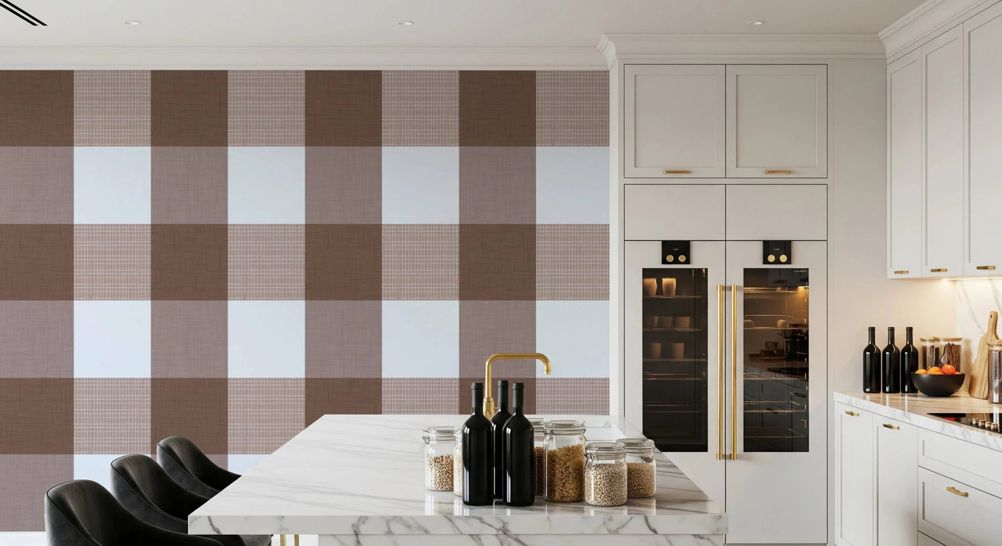 Gingham Mocha Borwn Linen Texture Country Wallpaper⁠