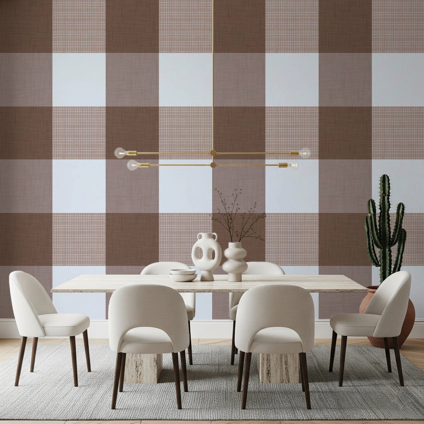 Gingham Mocha Borwn Linen Texture Country Wallpaper⁠