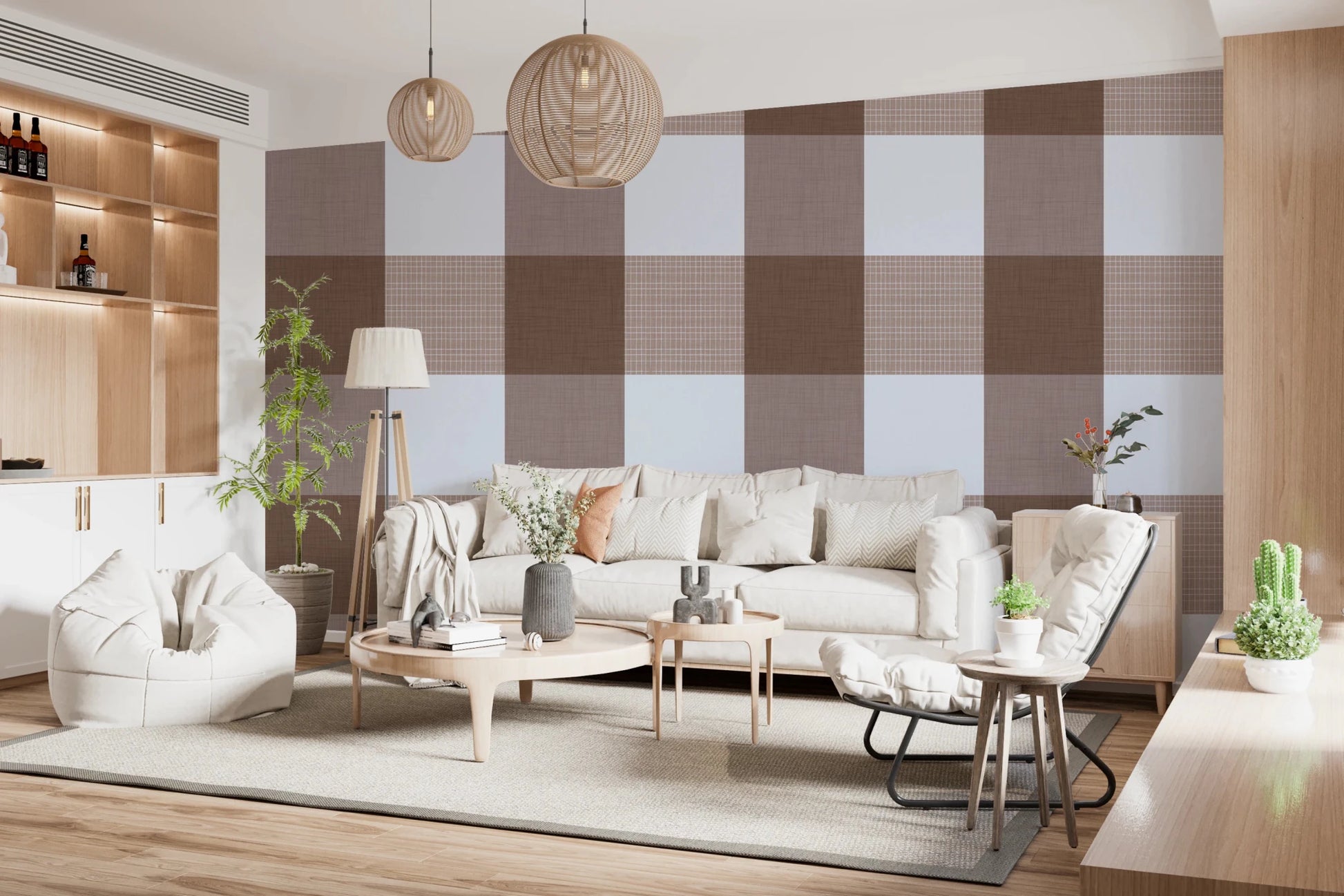 Gingham Mocha Borwn Linen Texture Country Wallpaper⁠