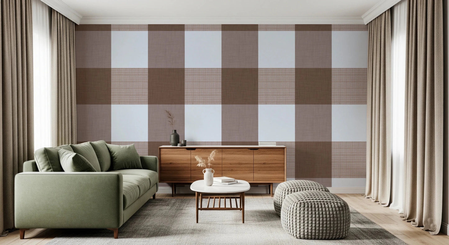 Gingham Mocha Borwn Linen Texture Country Wallpaper⁠