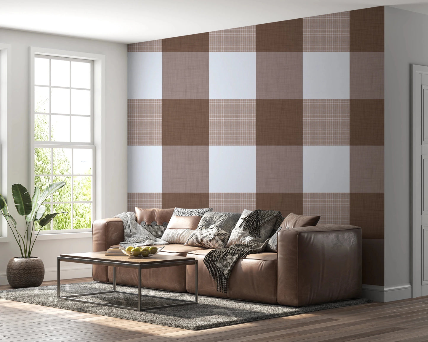 Gingham Mocha Borwn Linen Texture Country Wallpaper⁠
