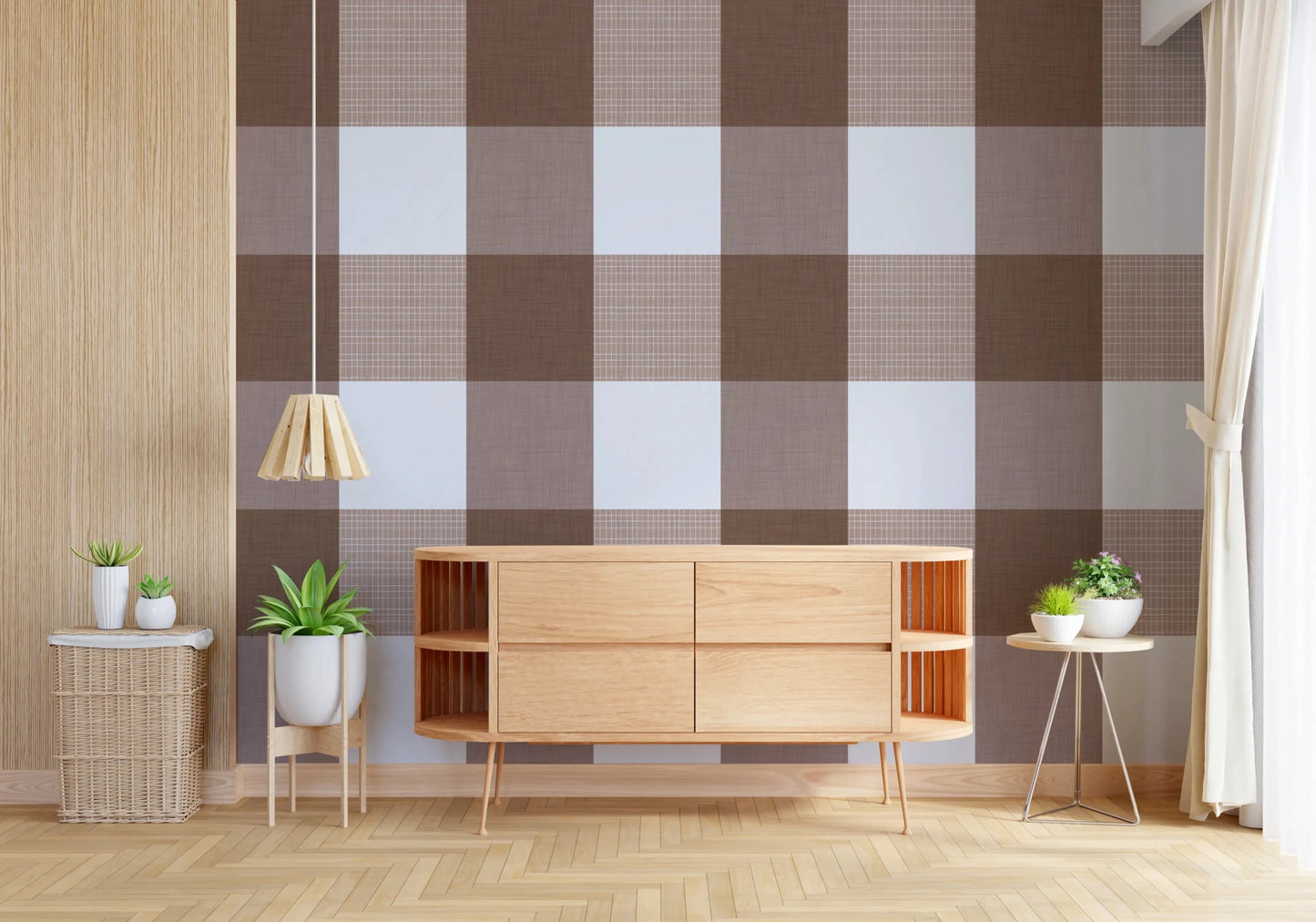 Gingham Mocha Borwn Linen Texture Country Wallpaper⁠