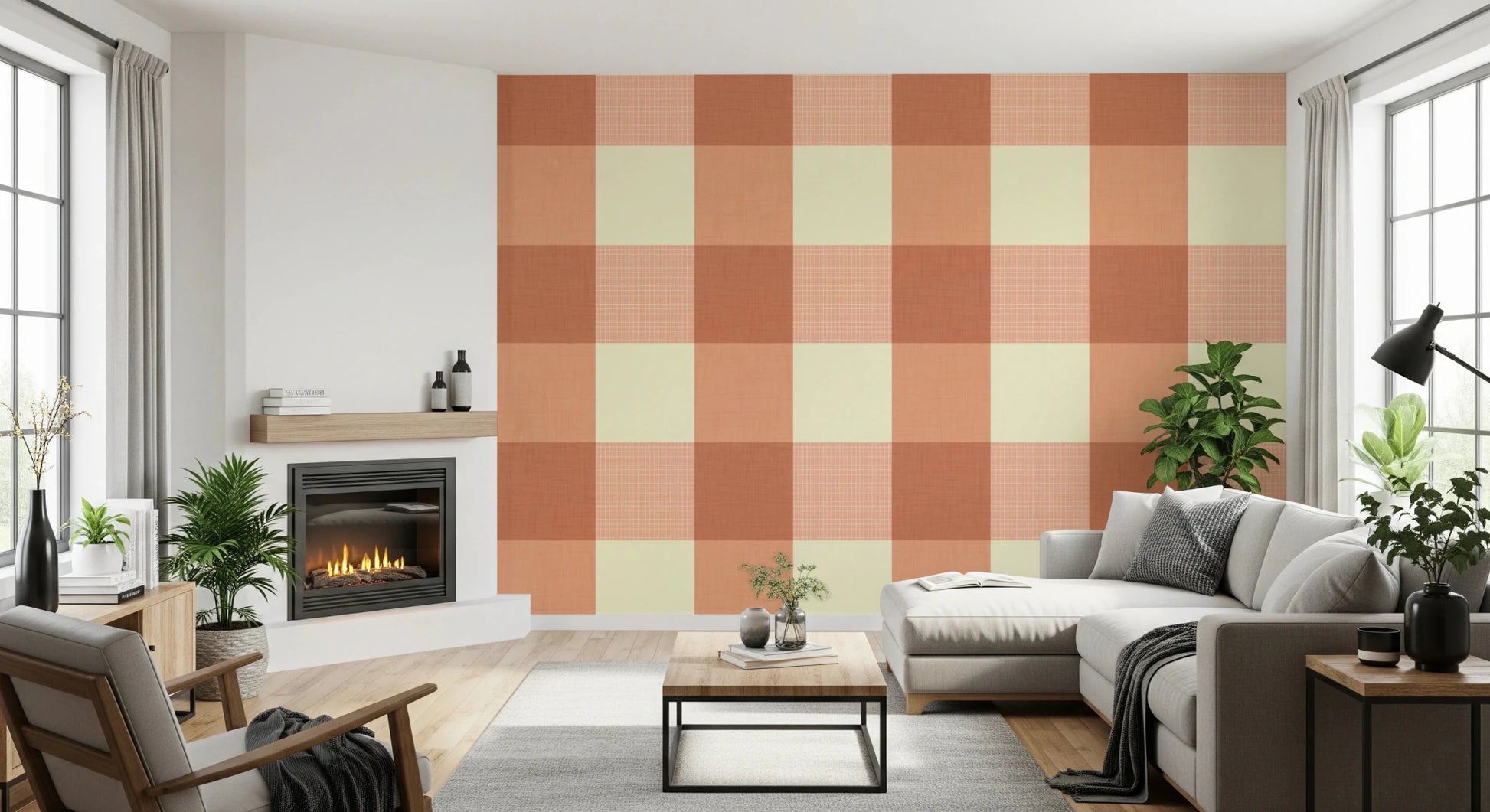 Gingham Peach Linen Texture Country Wallpaper⁠