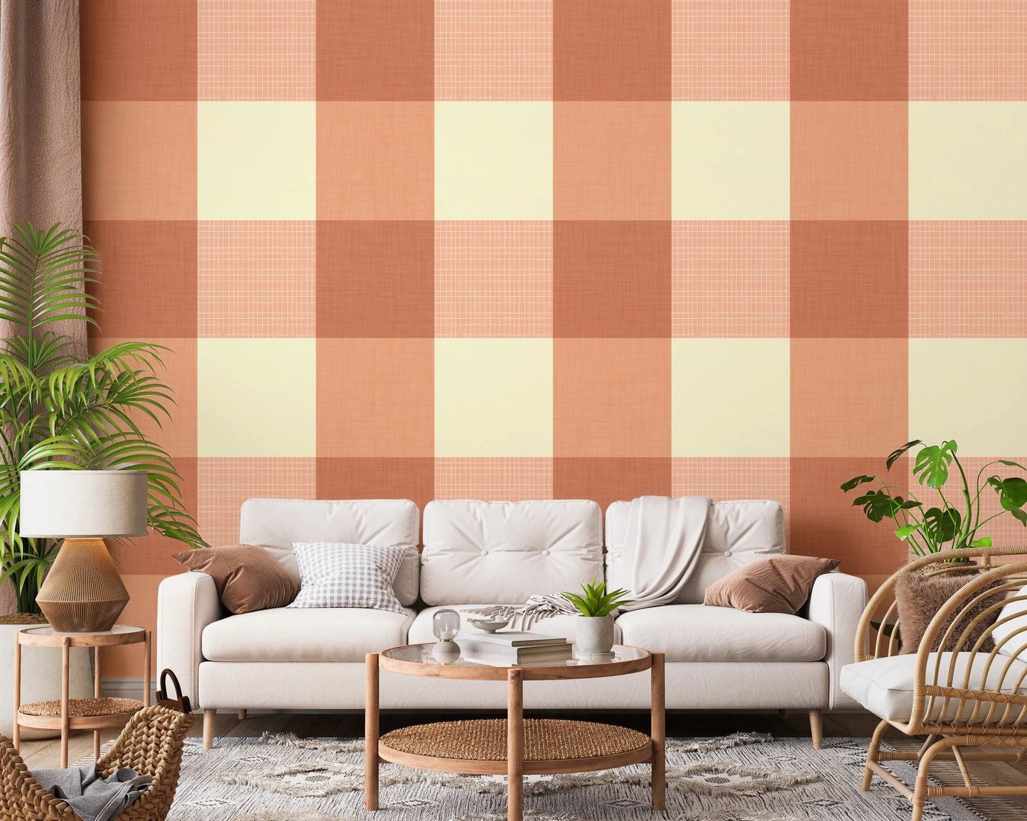 Gingham Peach Linen Texture Country Wallpaper⁠