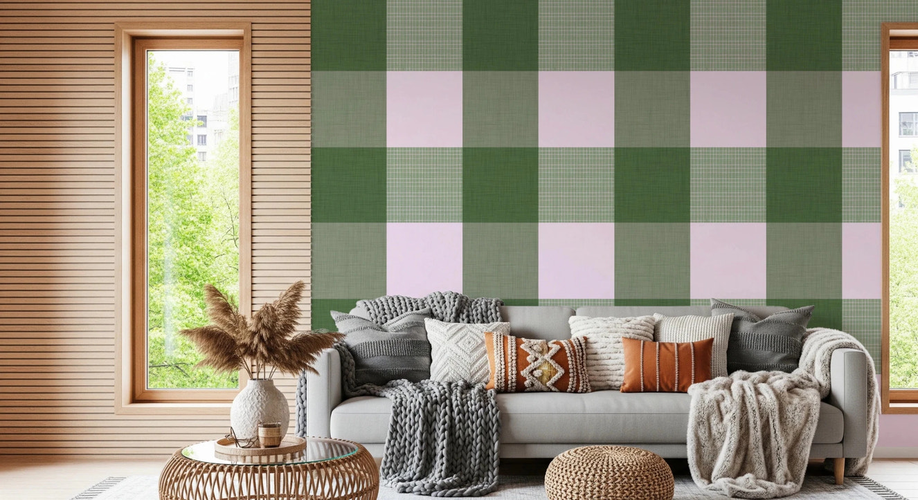 Gingham Sage Linen Texture Country Wallpaper⁠