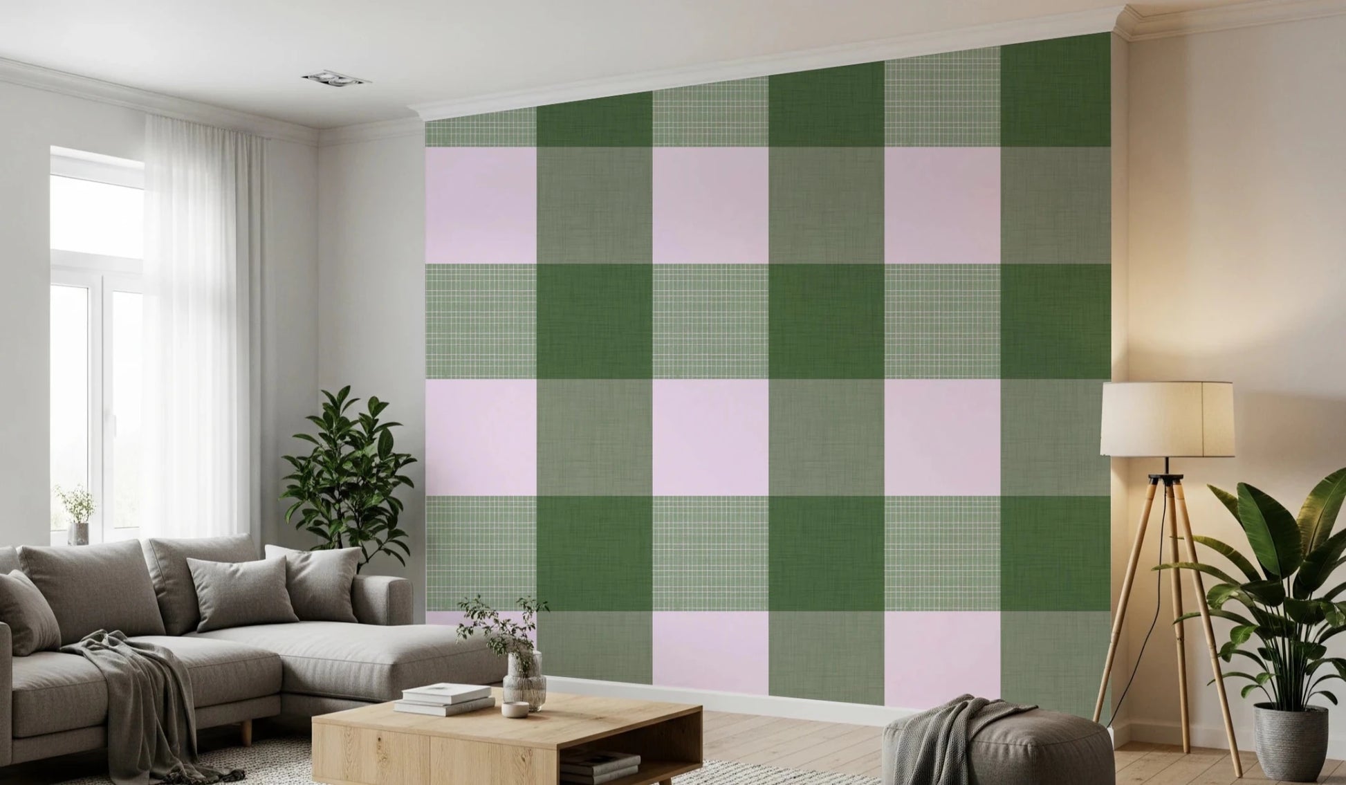 Gingham Sage Linen Texture Country Wallpaper⁠