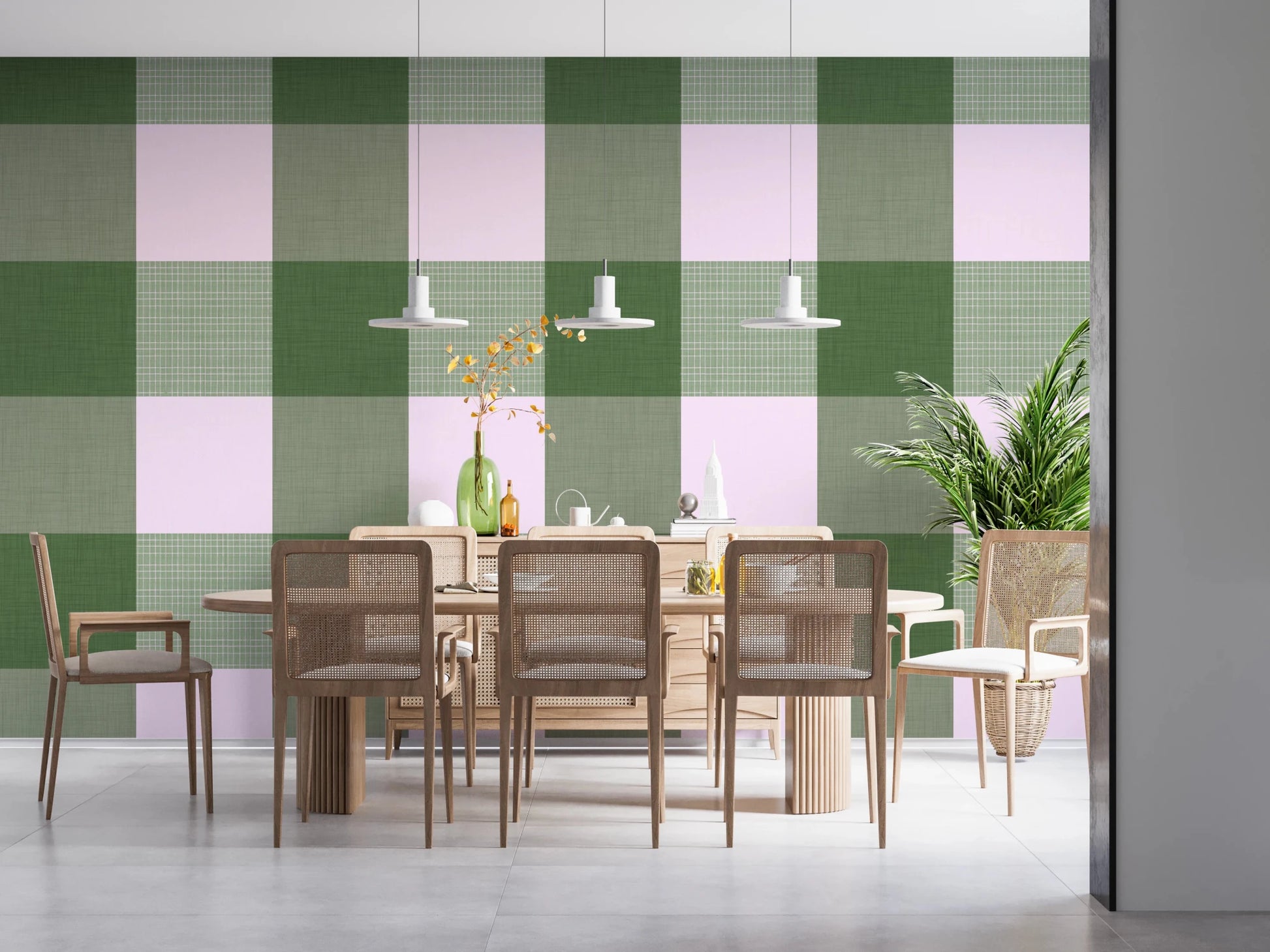Gingham Sage Linen Texture Country Wallpaper⁠