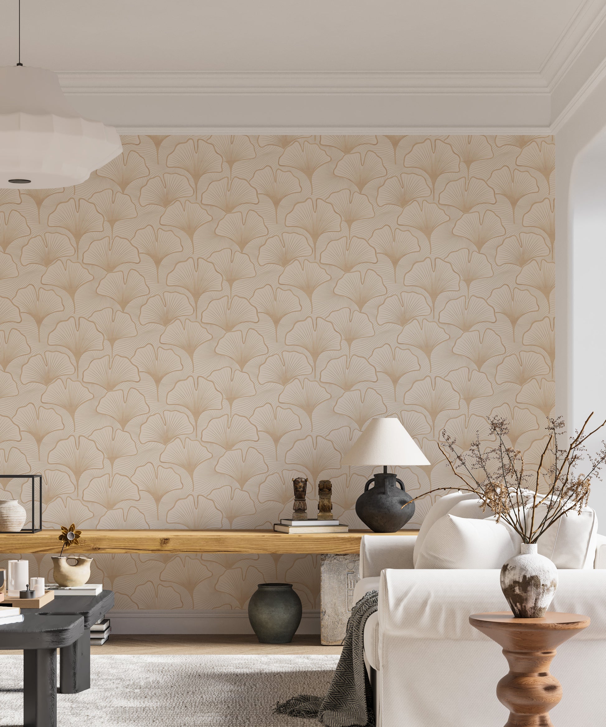 Delicate ginkgo leaf mural in neutral earth tones

