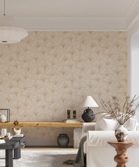 Delicate ginkgo leaf mural in neutral earth tones

