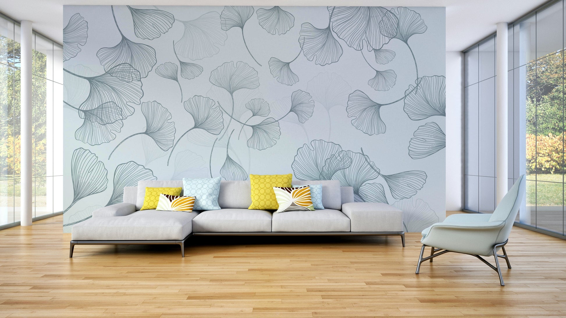 A peaceful wall mural with an ethereal botanical pattern.

