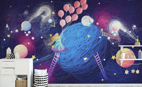 Girl on the Planet with Flying Balloons wallpaper mural shown as a full feature wall that highlights the design