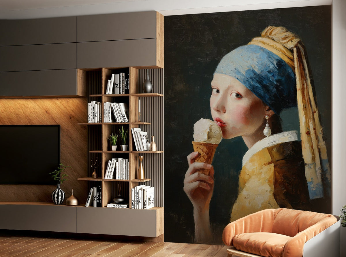 Girl with Pearl Earring Eating Ice Cream mural of the Vermeer girl licking a cone beside a TV unit and orange chair in a living room