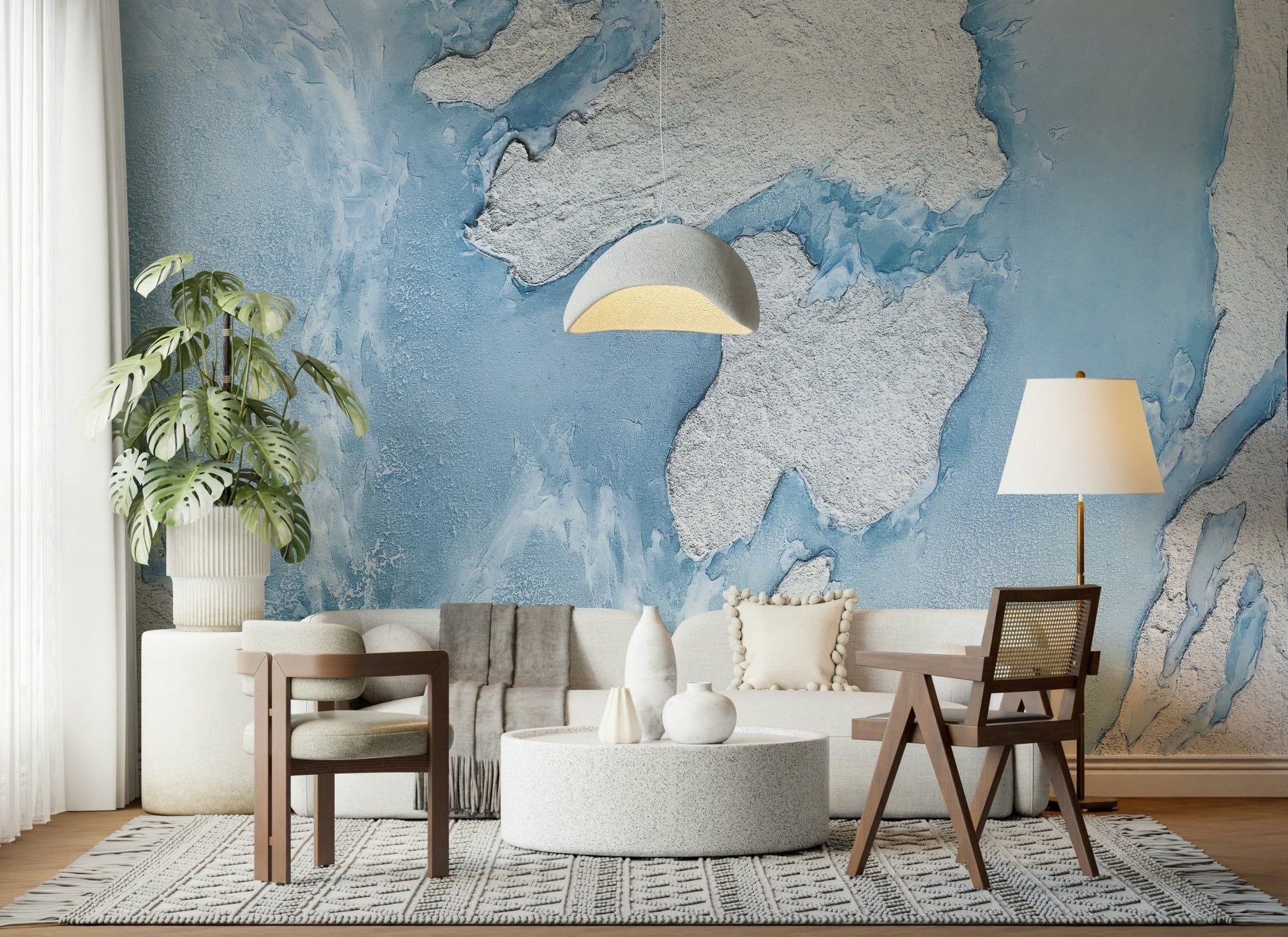 Glacial Dreamscape Wallpaper with abstract icy patterns and a soothing winter palette for elegant interiors.