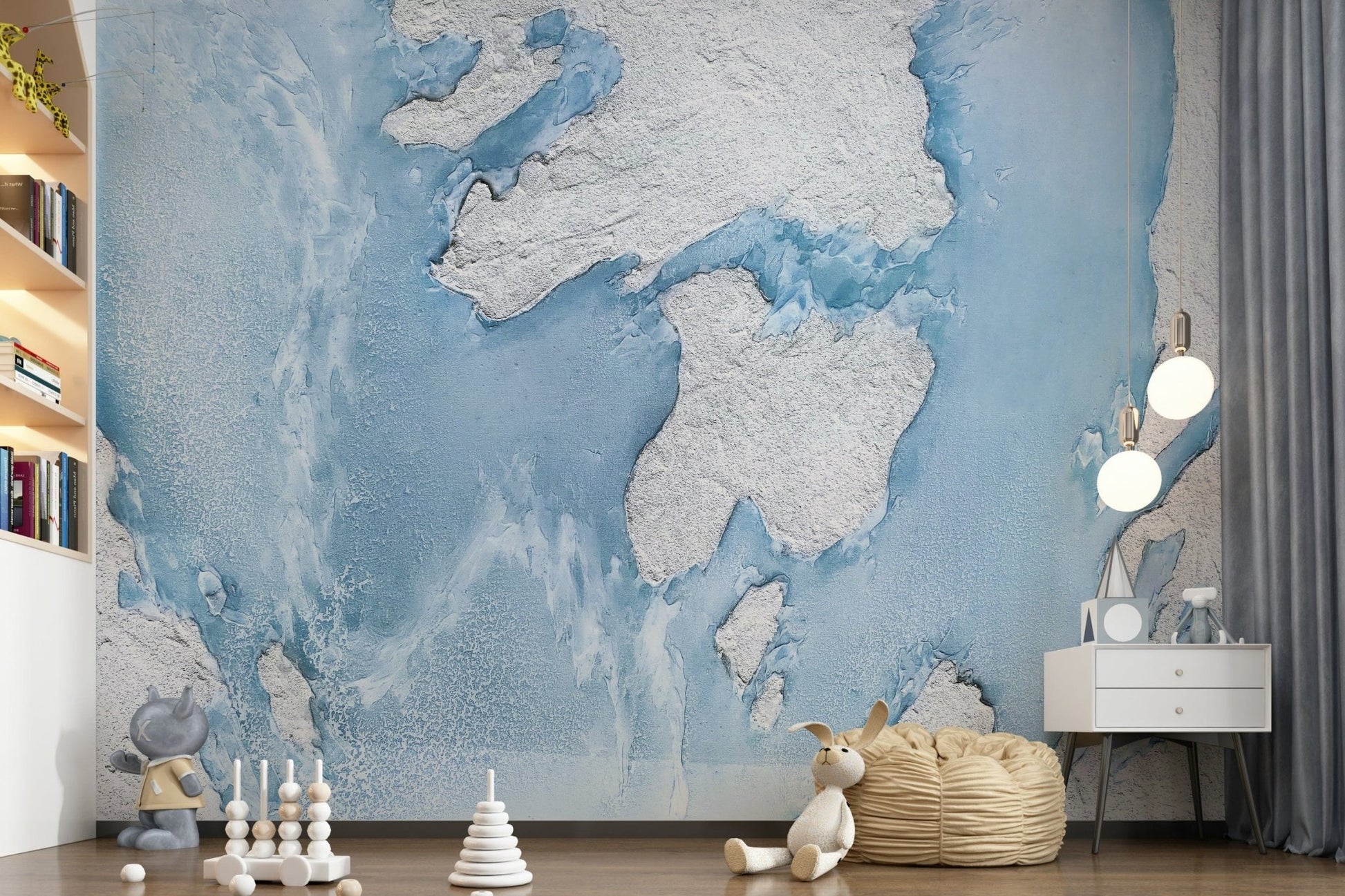 Icy dreamscape mural with shimmering frost and mountain silhouettes, ideal for minimalist interiors.