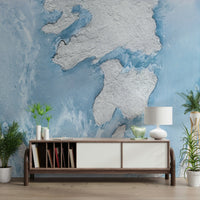 Calming glacial mural featuring frost-covered mountains and misty skies, perfect for bedrooms or lounges.