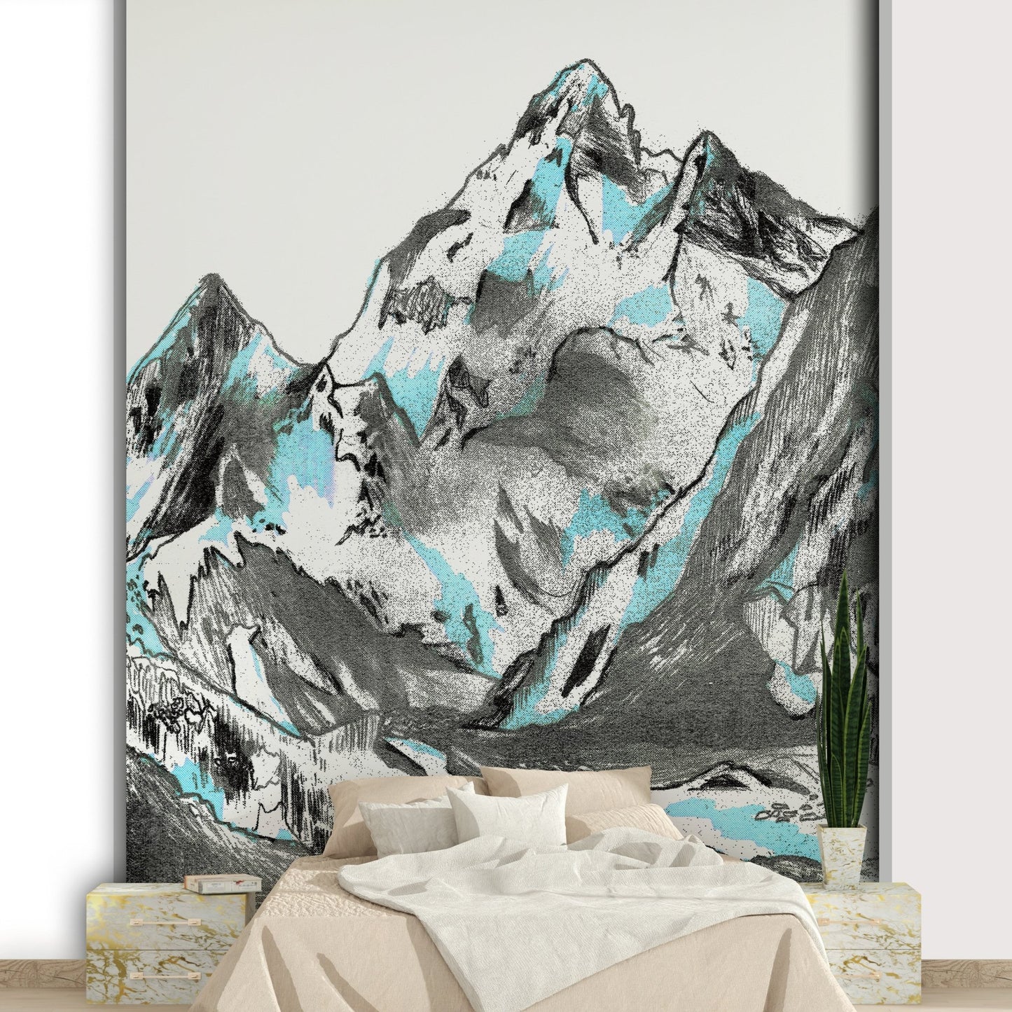 Cool blue, white, and gray color palette.
