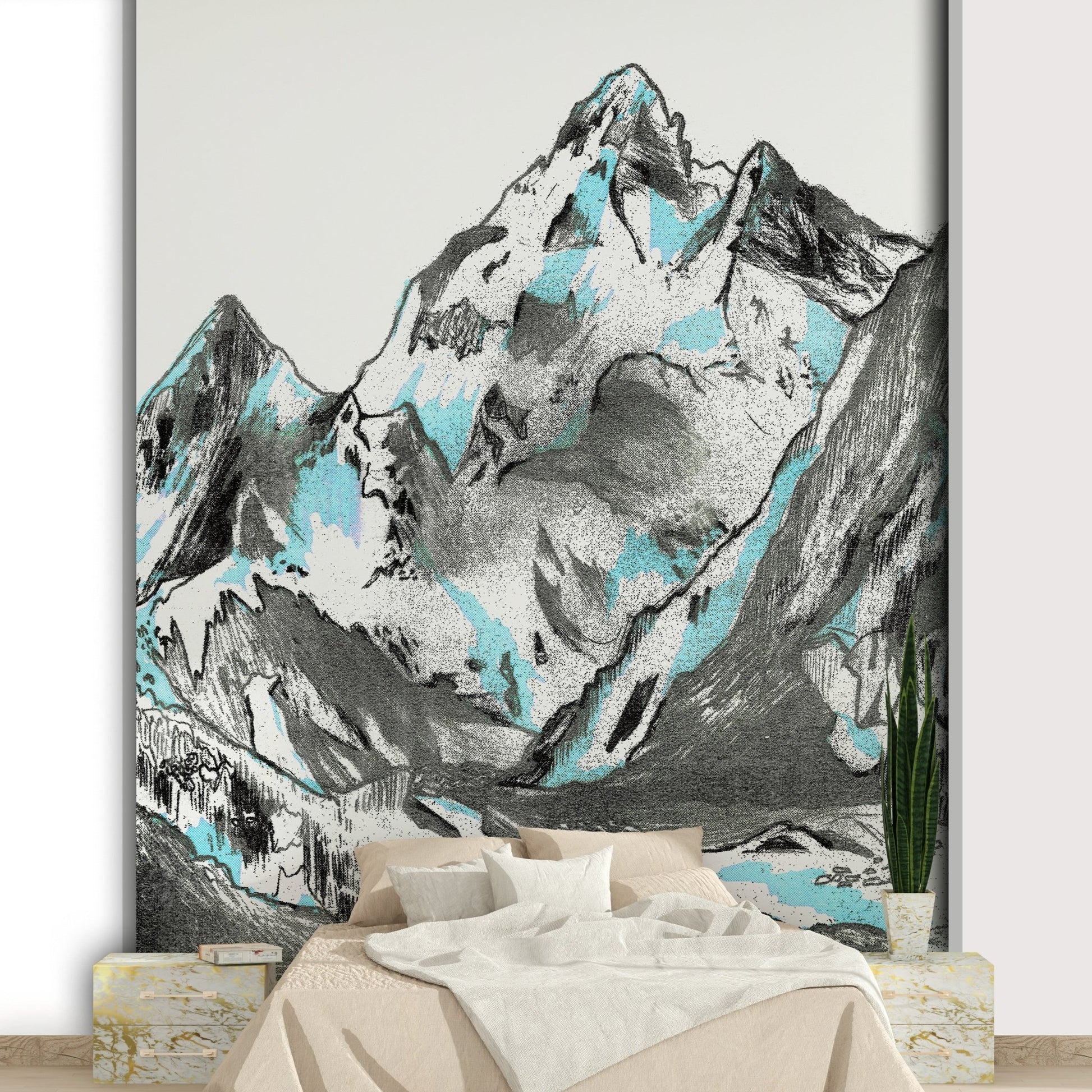 Cool blue, white, and gray color palette.
