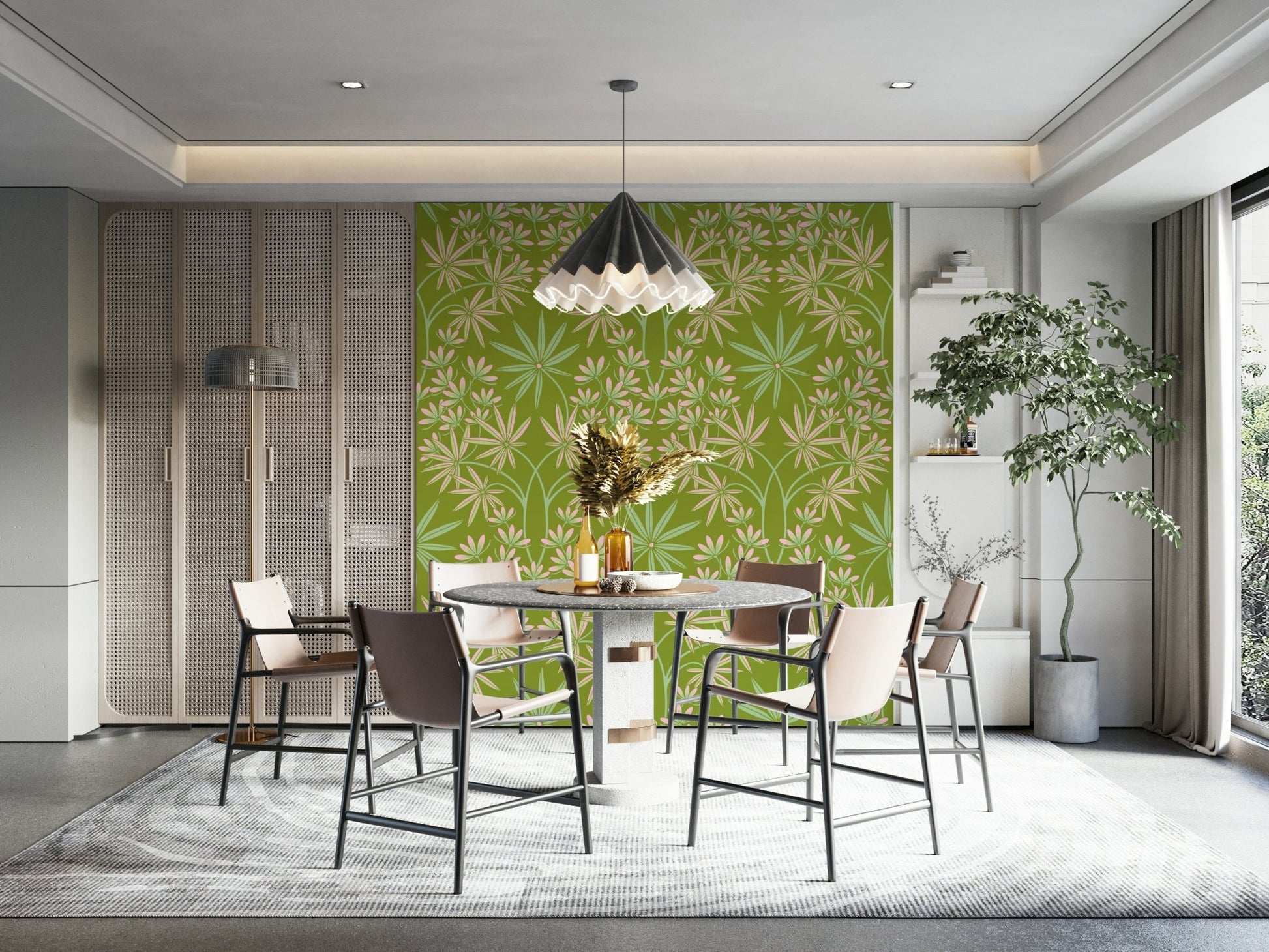 Delicate floral motifs intertwined.

