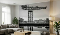 Modern apartment feature wall with Glasgow mural, crisp skyline silhouette, neutral decor