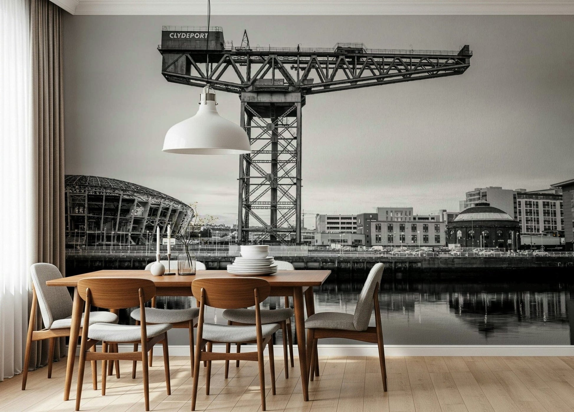 Glasgow skyline wall mural in modern living room, cool gray and blue tones, cityscape feature wall