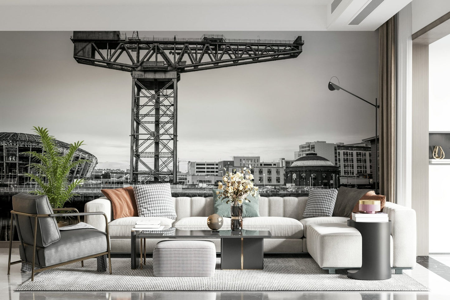 Urban Glasgow wallpaper in dining room, monochrome skyline print, statement feature wall