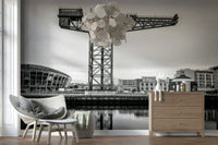 Panoramic Glasgow mural in bedroom, soft grey palette, calm modern wall decor