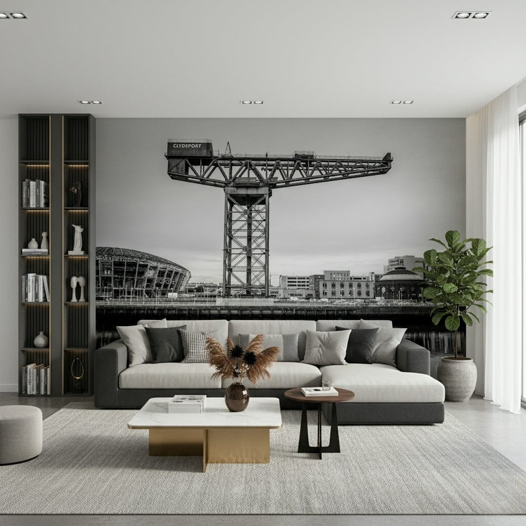 Detailed Glasgow city mural in hallway, neutral tones, modern architectural wall covering