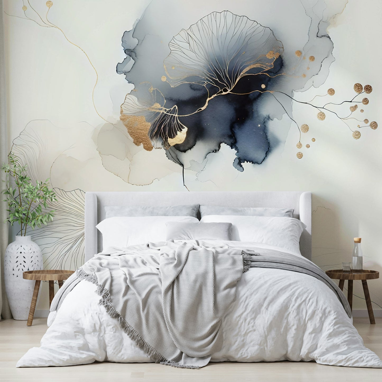 Hallway feature wall mural, modern botanical design in green and metallic tones