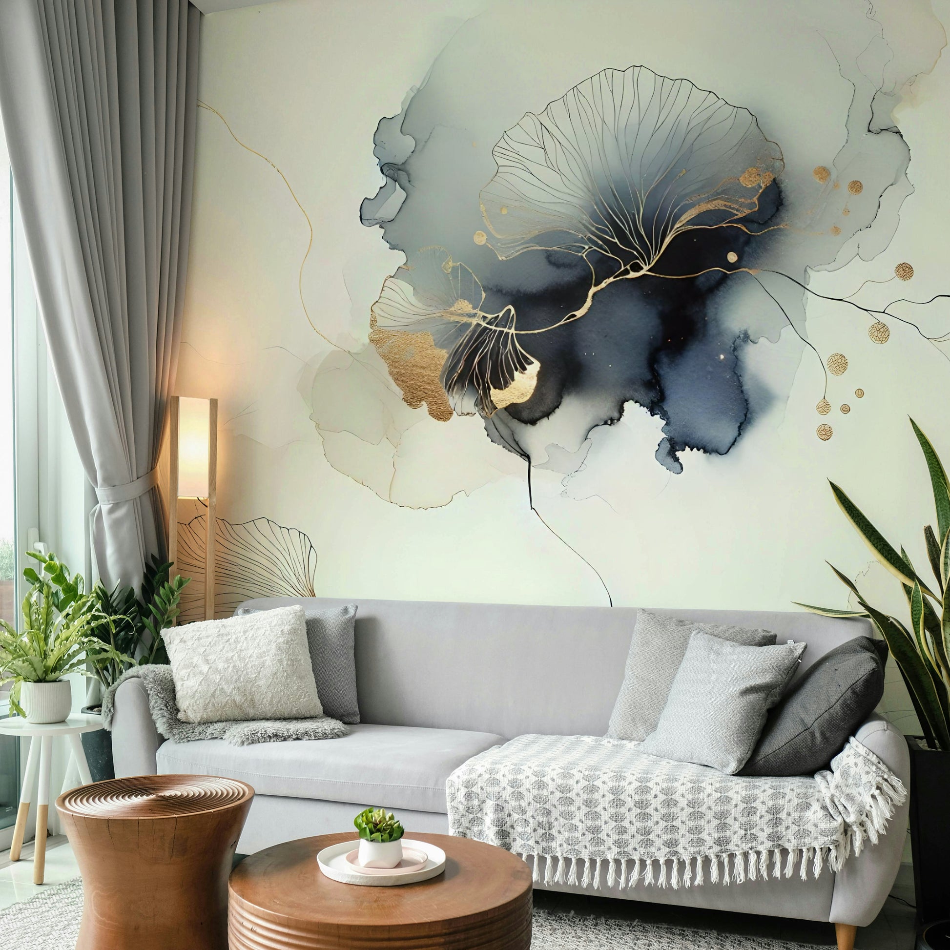 Bedroom headboard feature wall mural, calming botanicals in green hues