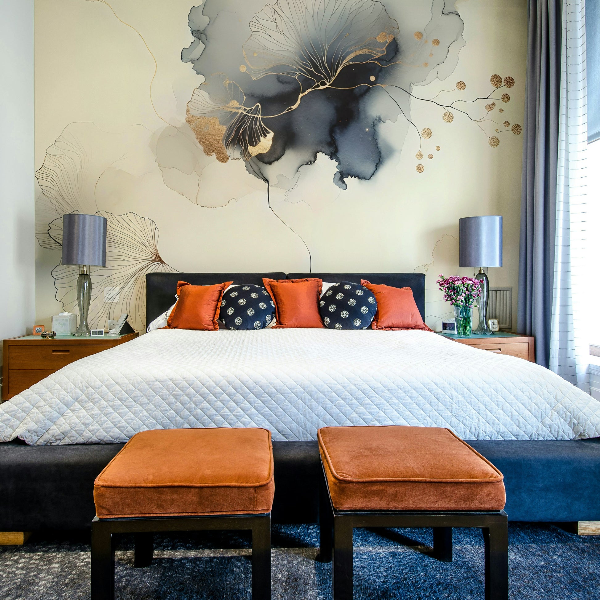 Apartment dining nook feature wall mural, elegant botanicals in green and gold