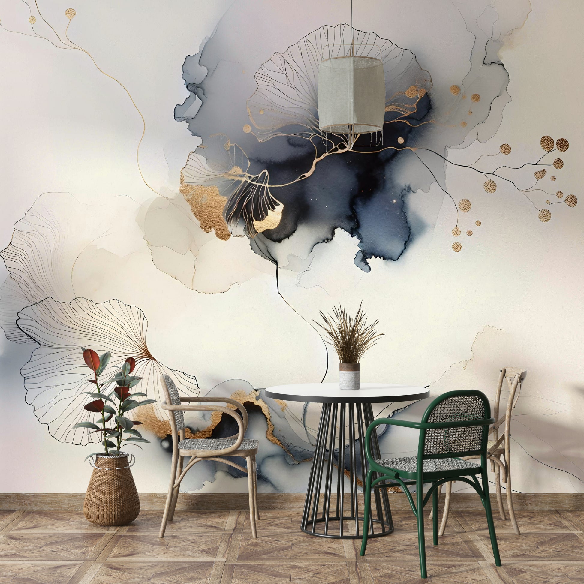 Botanical leaf wall mural in office wall decor, muted green with warm gold
