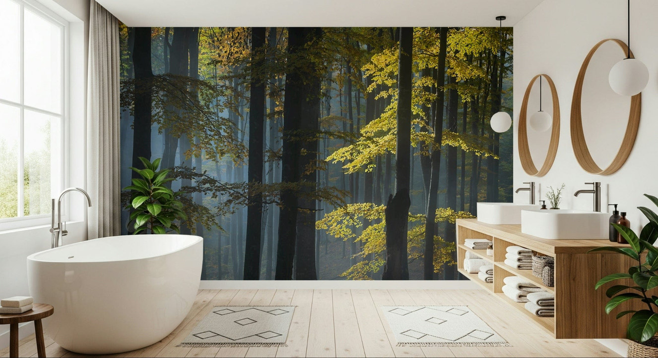 Scattered shafts of smoky light in Glimmering Forest Woodland peaceful design.