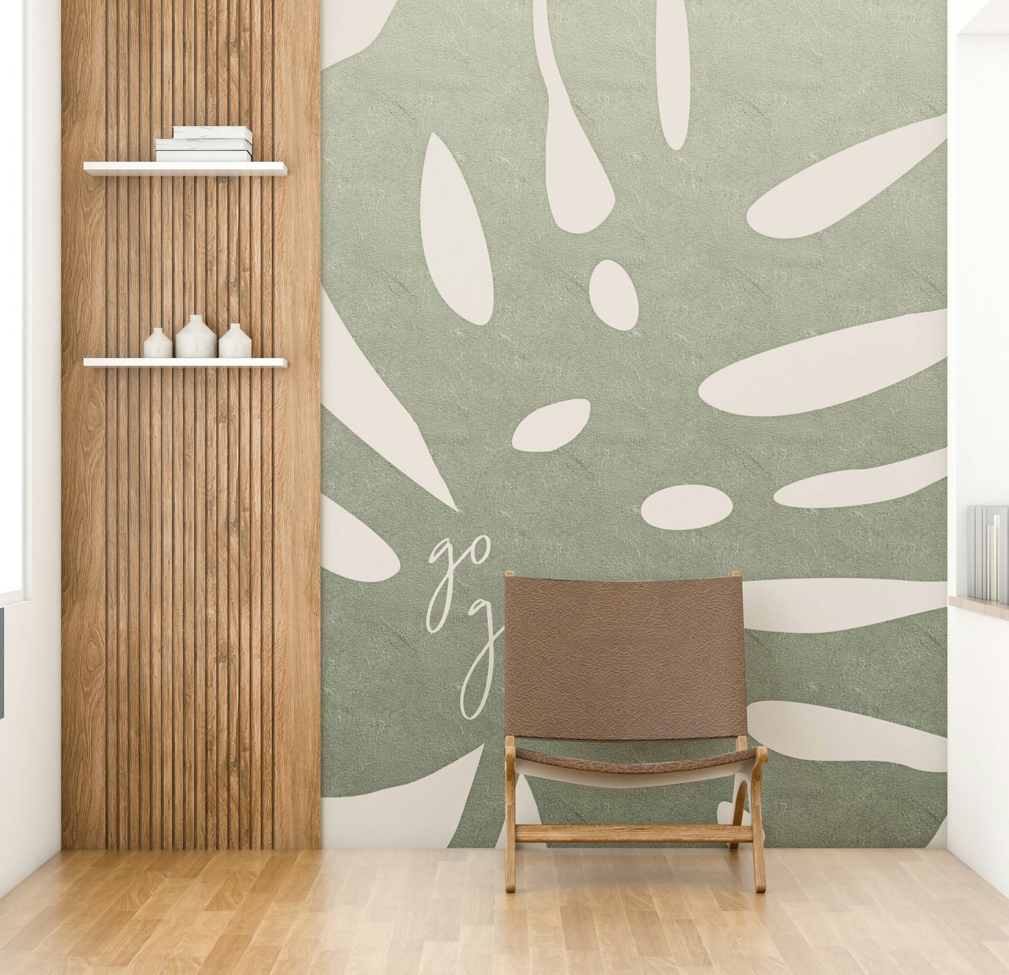 Nature-themed green mural wallpaper for living rooms


