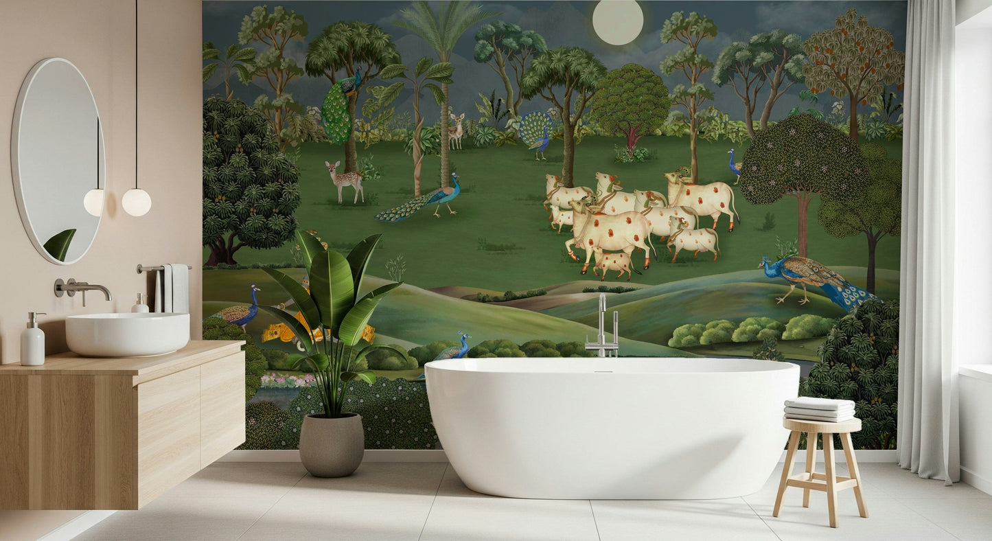 Gokul Grazing Wall Mural installed in dining area with soft neutral colour palette