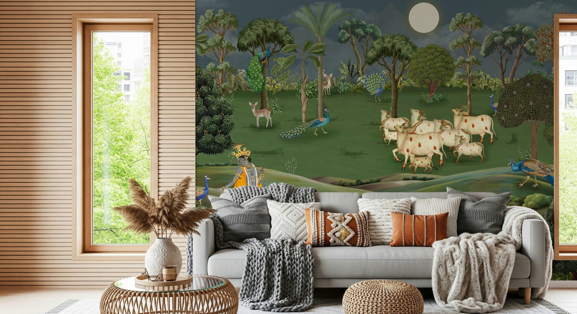 Cultural cow grazing wall mural for home interiors with classic Indian art style