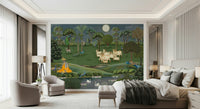 Gokul grazing cows wall mural in earthy color tones for feature wall use