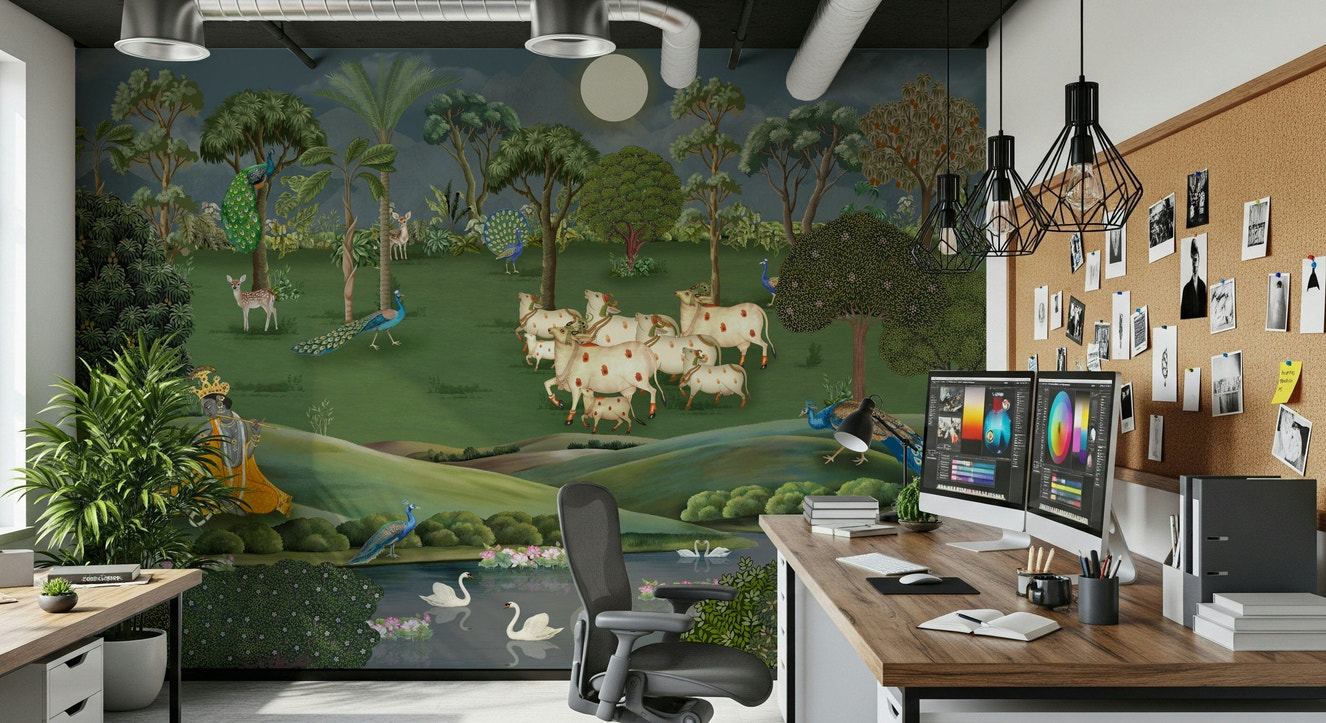 Gokul Grazing Wall Mural with cows in a calm rural scene for living room wall decor