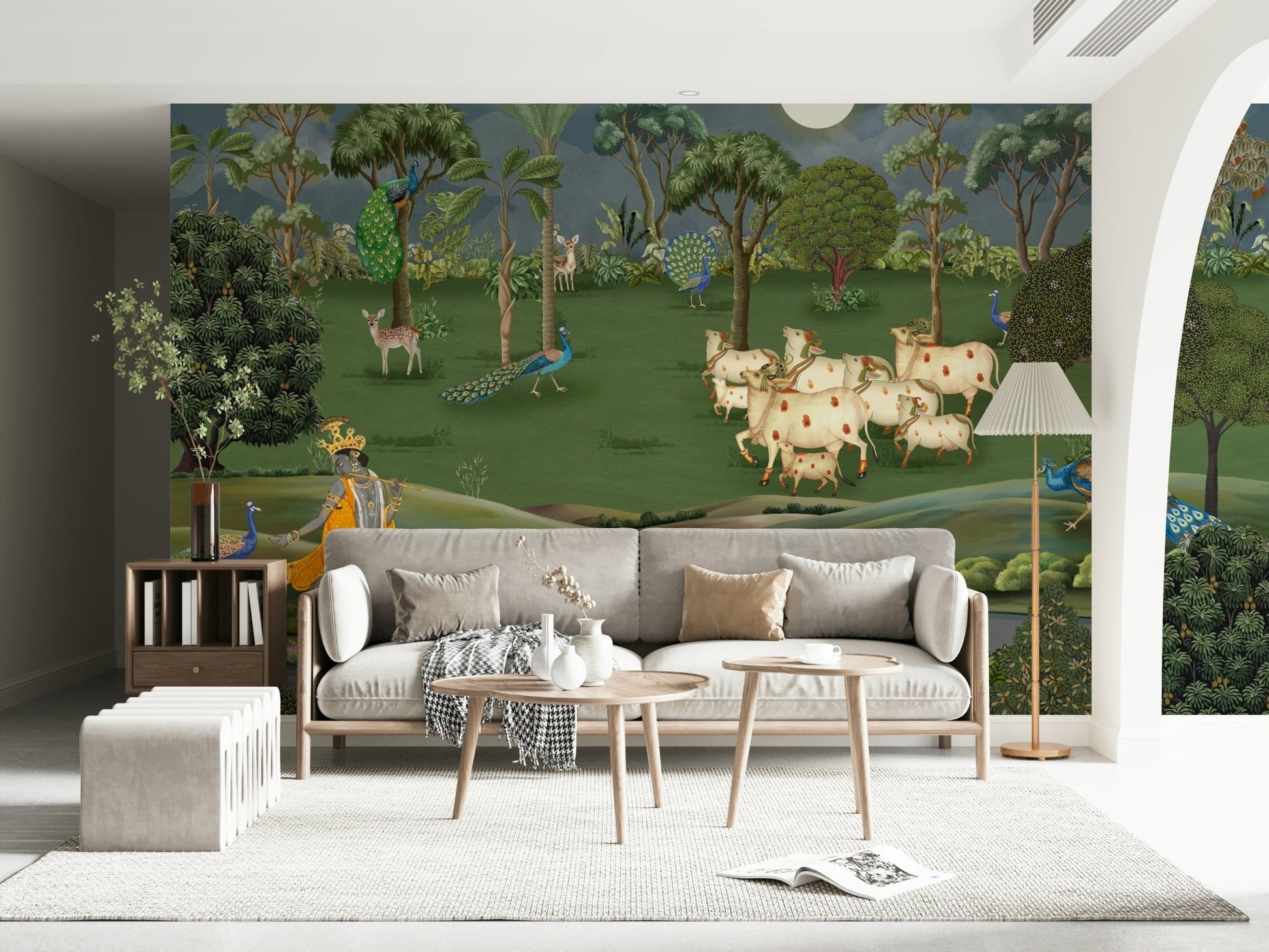Indian pastoral wall mural with cows grazing in natural landscape