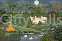 Traditional cow grazing wallpaper mural with muted colours for home walls