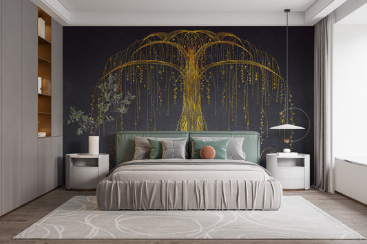 Gold Abstract Ornamental Tree Wall Murals with elegant metallic branches