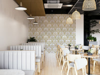 The wallpaper shows a clean, geometric design.


