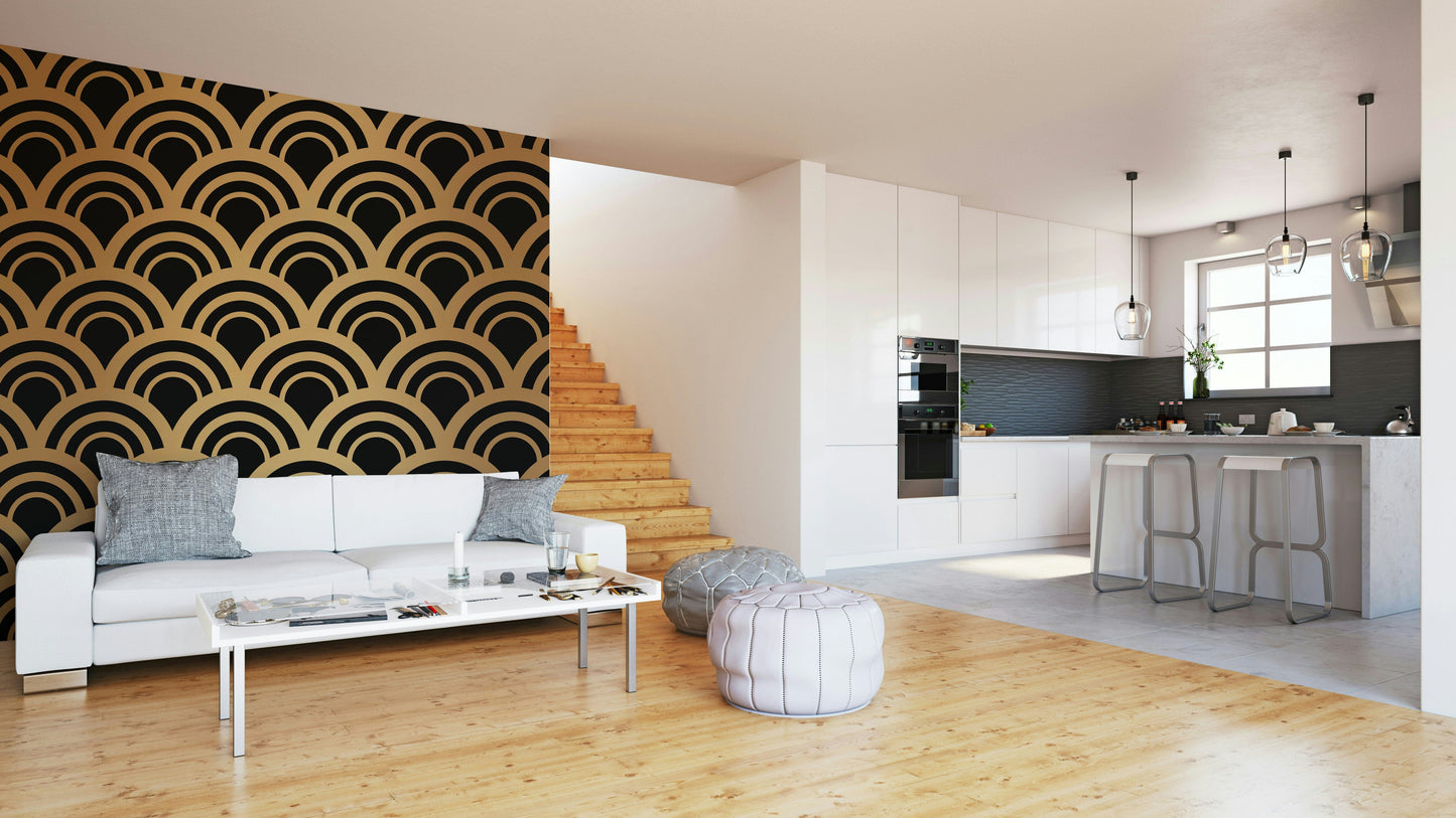 A peaceful geometric wave mural on decorative wallpaper.

