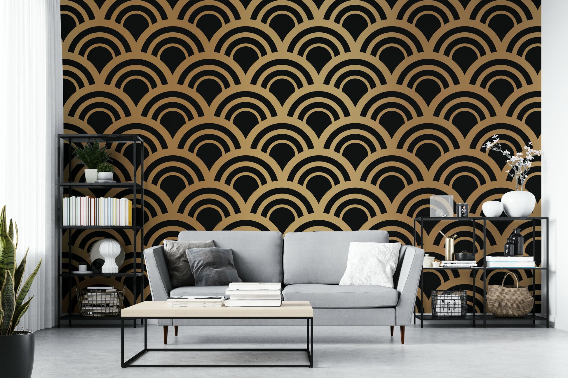 A graceful subtle pattern wall mural in rich, gold tones.

